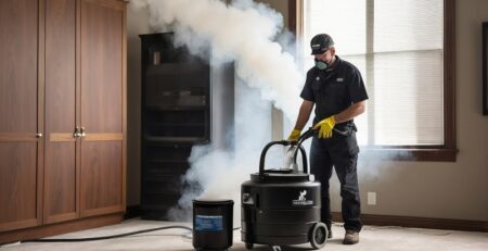 Restoration technician using smoke removal equipment to deodorize fire-damaged room