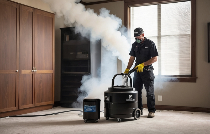 Restoration technician using smoke removal equipment to deodorize fire-damaged room
