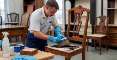 Restoration technician cleaning fire-damaged wooden chair in a furniture repair workshop