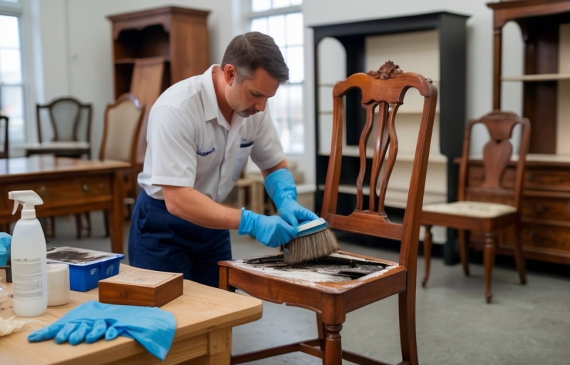 Restoration technician cleaning fire-damaged wooden chair in a furniture repair workshop