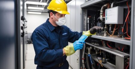 Maintenance technician inspecting and repairing industrial HVAC system in a mechanical room