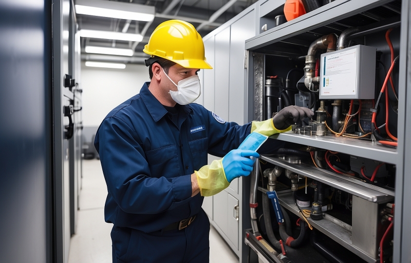 Maintenance technician inspecting and repairing industrial HVAC system in a mechanical room