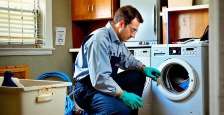 Appliance repair technician inspecting a malfunctioning washing machine in a laundry room