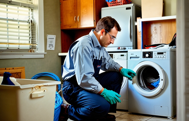 Appliance repair technician inspecting a malfunctioning washing machine in a laundry room