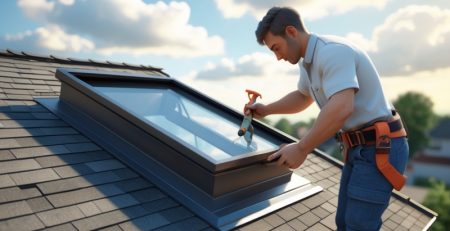 Roofer installing or sealing a skylight window on a residential roof