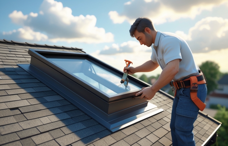 Roofer installing or sealing a skylight window on a residential roof