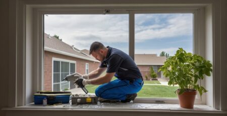 Window technician installing or repairing residential sliding window from the interior side