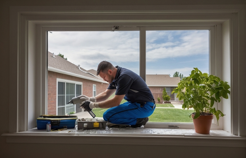 Window technician installing or repairing residential sliding window from the interior side