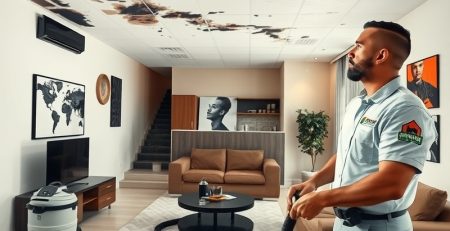 Fire damage restoration specialist inspecting smoke-stained ceiling in a residential living room