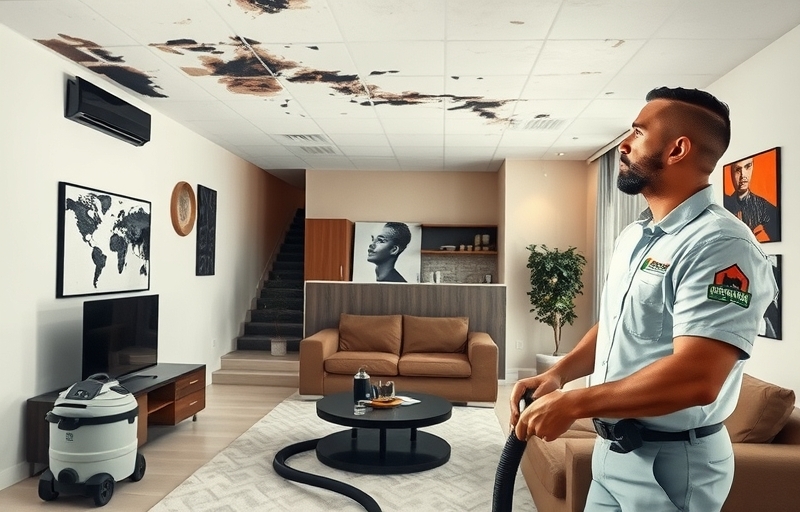 Fire damage restoration specialist inspecting smoke-stained ceiling in a residential living room