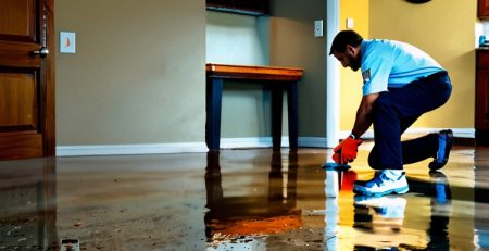 Water damage restoration technician extracting water from a flooded living room floor
