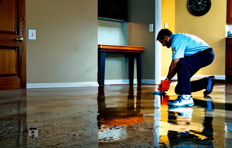 Water damage restoration technician extracting water from a flooded living room floor