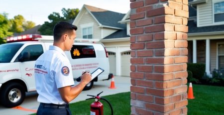 Fire inspector examining a brick chimney for fire damage outside a suburban home