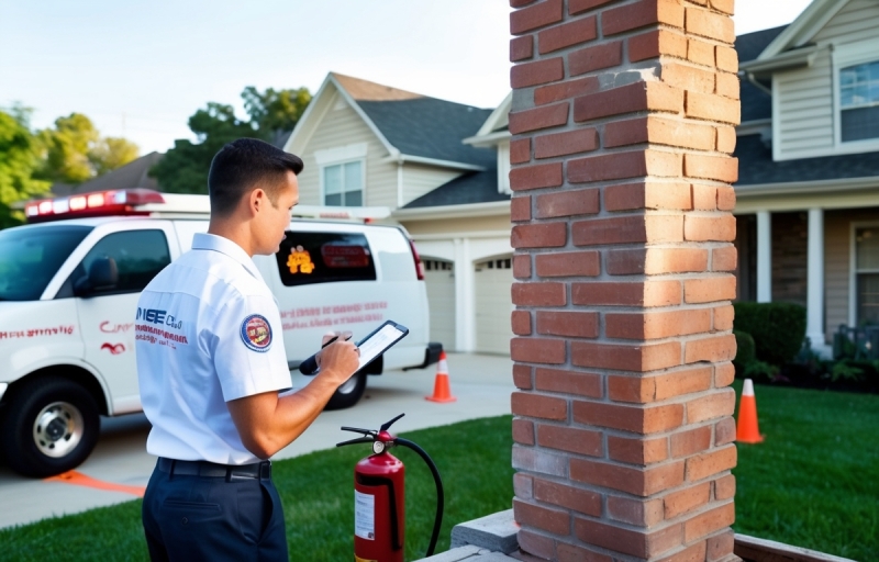 Fire inspector examining a brick chimney for fire damage outside a suburban home