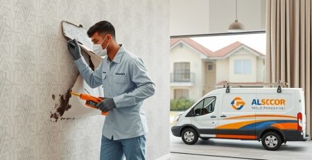 Mold remediation specialist removing mold-infested drywall in a residential home