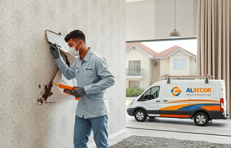 Mold remediation specialist removing mold-infested drywall in a residential home